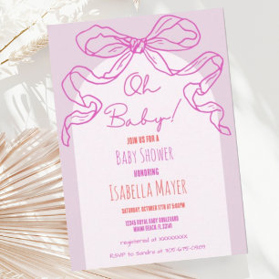 Whimsical Retro Pink Hand Drawn Bow Baby Shower Invitation