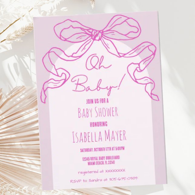 Whimsical Retro Pink Hand Drawn Bow Baby Shower Invitation (Creator Uploaded)