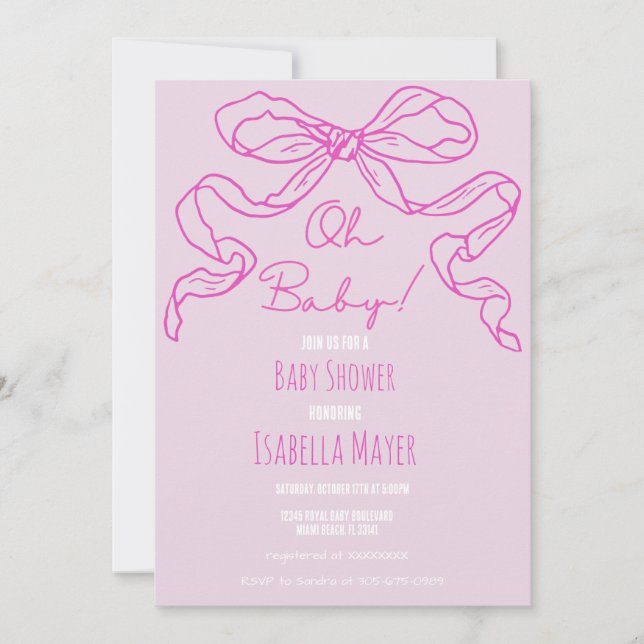 Whimsical Retro Pink Hand Drawn Bow Baby Shower Invitation (Front)