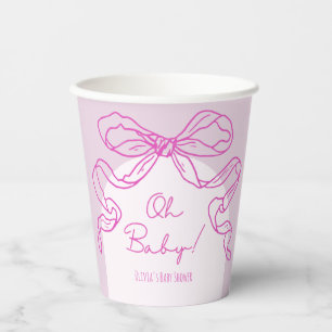 Whimsical Retro Pink Hand Drawn Bow Baby Shower Paper Cups