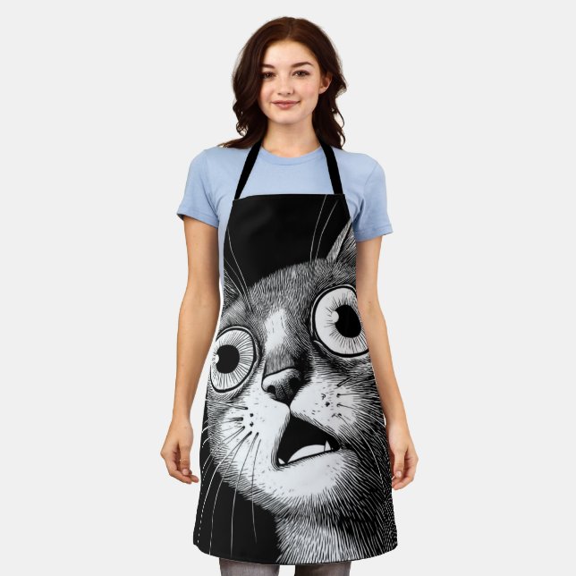 Whimsical Retro Psycho Cat Apron (Worn)