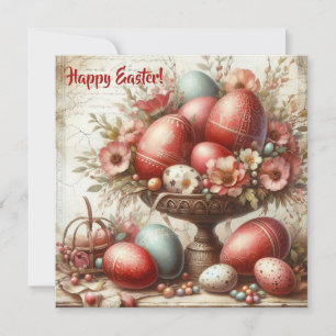 Whimsical retro red Easter eggs spring flowers Holiday Card