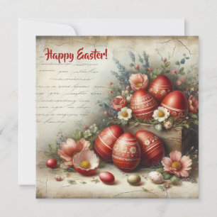 Whimsical retro red Easter eggs spring flowers Holiday Card