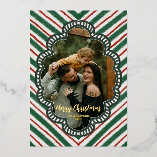 Whimsical Retro Red Green Stripe Holly Border  Foil Holiday Card (Front)