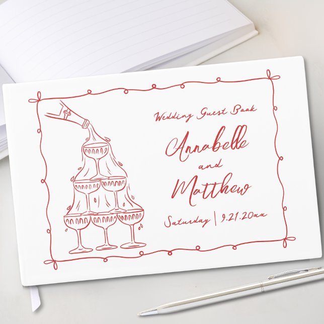 Whimsical Retro Red Hand Drawn Wedding Guest Book (Whimsical Retro Red Hand Drawn Wedding Guest Book)