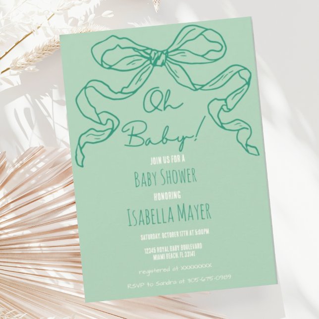 Whimsical Retro Sage Hand Drawn Bow Baby Shower Invitation (Creator Uploaded)