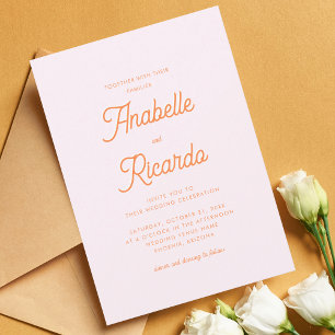 Whimsical Retro Script Pink Orange QR Code Wedding Invitation