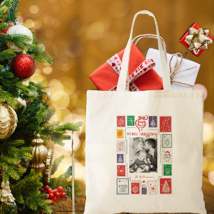 Whimsical Retro Stamp Christmas Photo Gift Tote Bag
