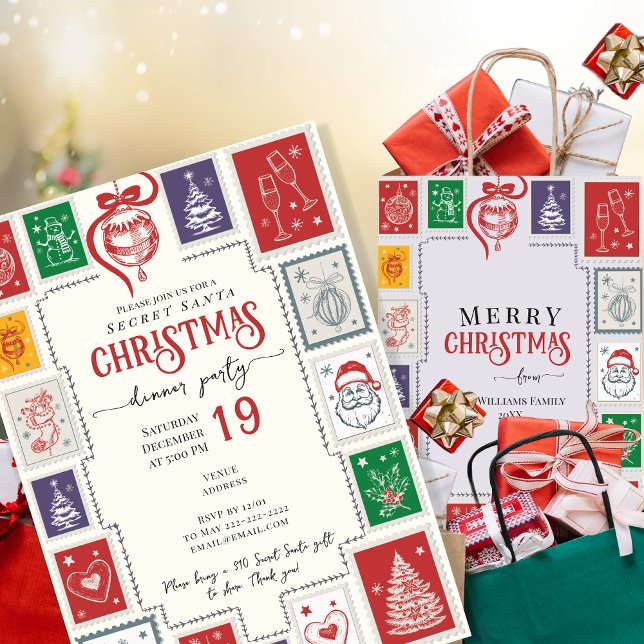 Whimsical Retro Stamps Christmas Doodles Invitation (Whimsical Retro Stamps Christmas Doodles Holiday Cocktail parties, Secret Santa, White Elephant)