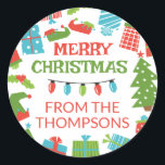 Whimsical Retro Tree & Gifts Merry Christmas From Classic Round Sticker<br><div class="desc">Whimsical Christmas gift stickers letting your friends and relatives know the Christmas gift is from you and your family. With a whimsical retro design inspired by quirky 50s cartoons, the Merry Christmas sticker features Christmas trees, wrapped Christmas gifts, holly, an elf hat, elf shoes and colourful Christmas lights. Personalise with...</div>