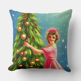 Whimsical Retro Vintage Christmas Lady and Tree Cushion