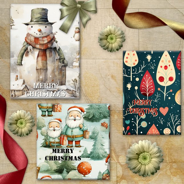 Whimsical Retro Watercolor Artistic Christmas Wrapping Paper Sheet (Cute Christmas wrapping paper sheets with a variety of different designs and styles )