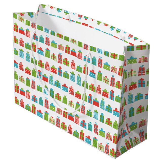 Whimsical Retro Wrapped Gifts Pattern Christmas Large Gift Bag (Back Angled)