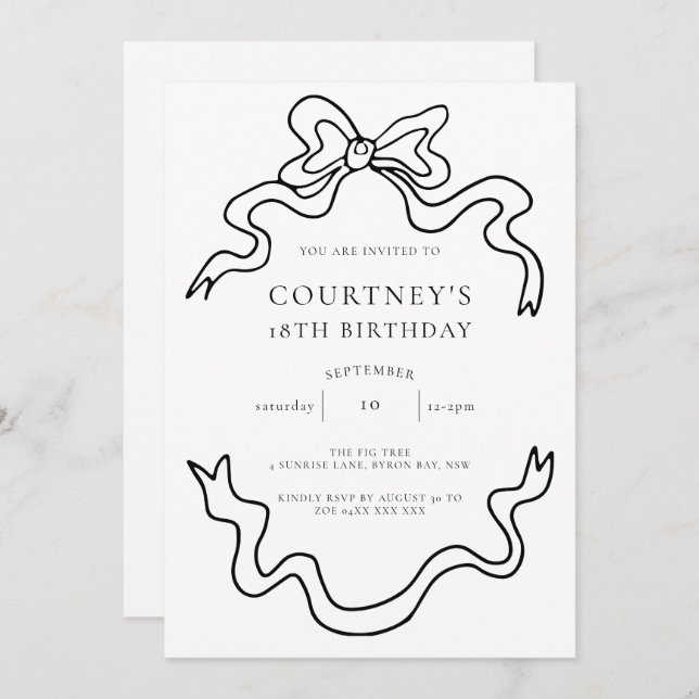 Whimsical Ribbon Bow 18th Birthday Party Invitation (Front/Back)