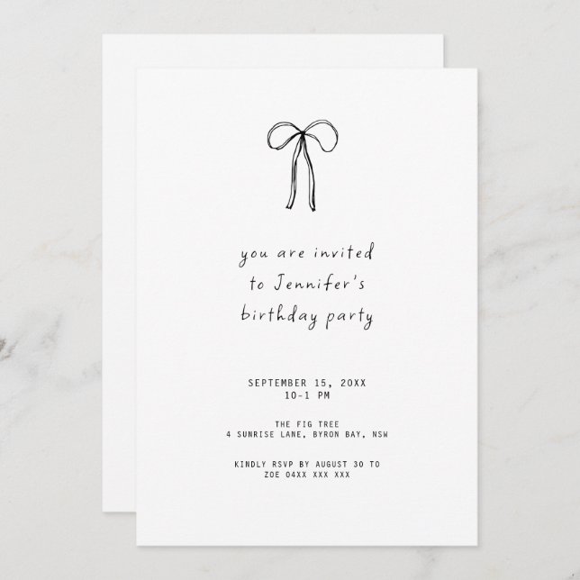 Whimsical Ribbon Bow Birthday Party Invitation (Front/Back)