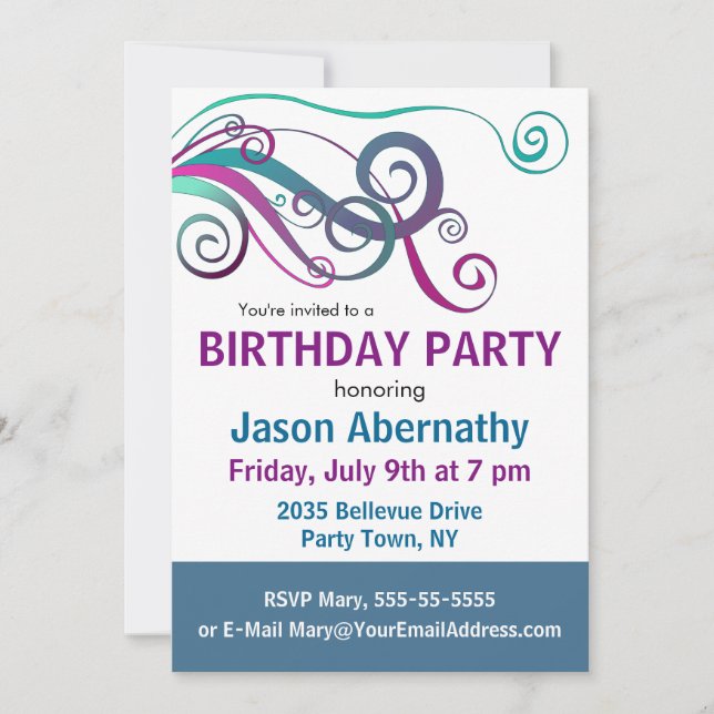 Whimsical Ribbon Curls Party Invite (Front)