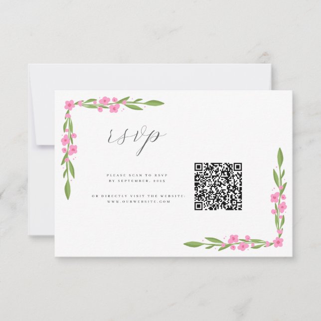 Whimsical Ribbon Floral Wedding QR RSVP Card (Front)