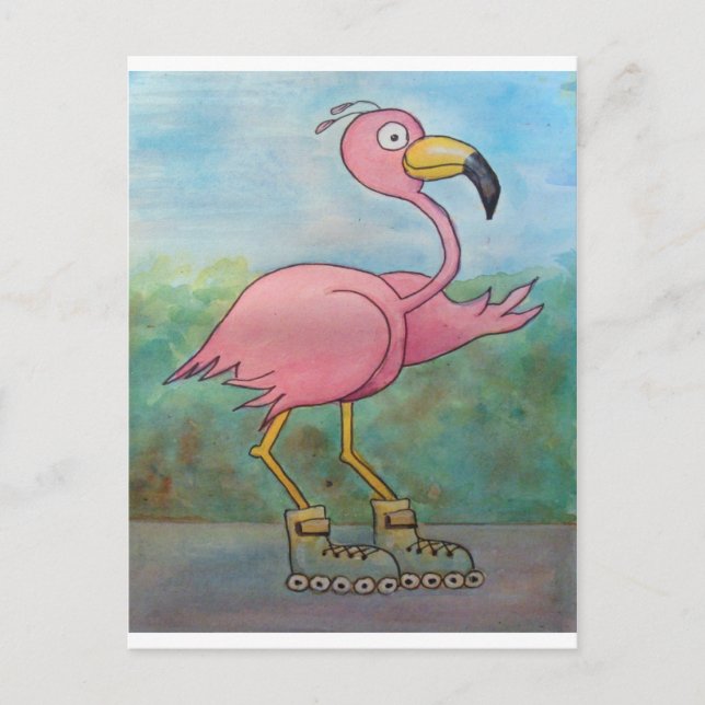 Whimsical Roller Skating Roller Blading Flamingo Postcard (Front)