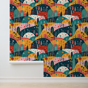 Whimsical Rolling Hills Garden - Colourful Folk Ar Wallpaper