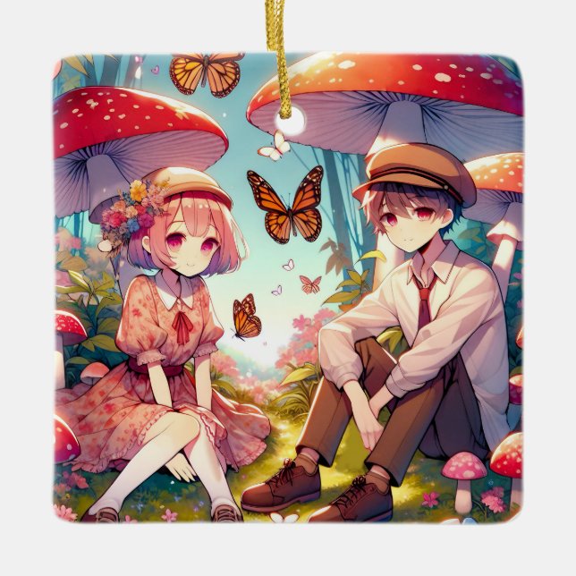 Whimsical Romantic Anime Couple  Ceramic Ornament (Front)