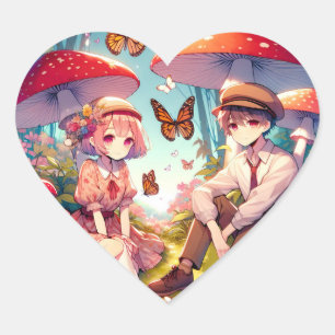 Whimsical Romantic Anime Couple  Heart Sticker