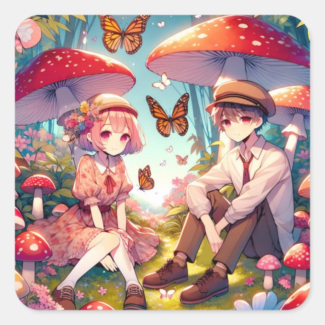 Whimsical Romantic Anime Couple  Square Sticker (Front)