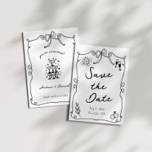 Whimsical Romantic Hand drawn Black White Wedding
