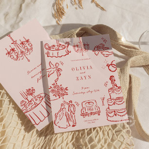 Whimsical Romantic Hand Drawn Red Wedding Invite