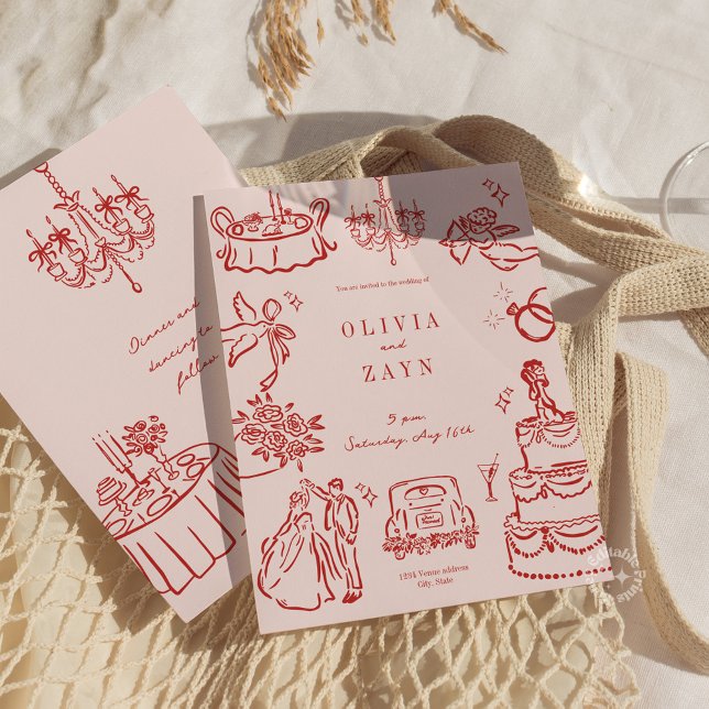 Whimsical Romantic Hand Drawn Red Wedding Invite (Whimsical Hand Drawn Wedding Invitation red pink)