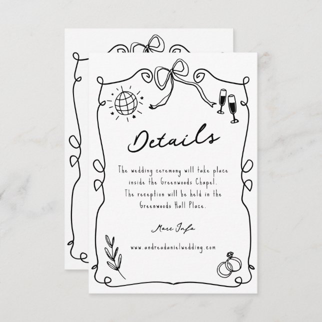 Whimsical Romantic Hand drawn Wedding Details Enclosure Card (Front/Back)