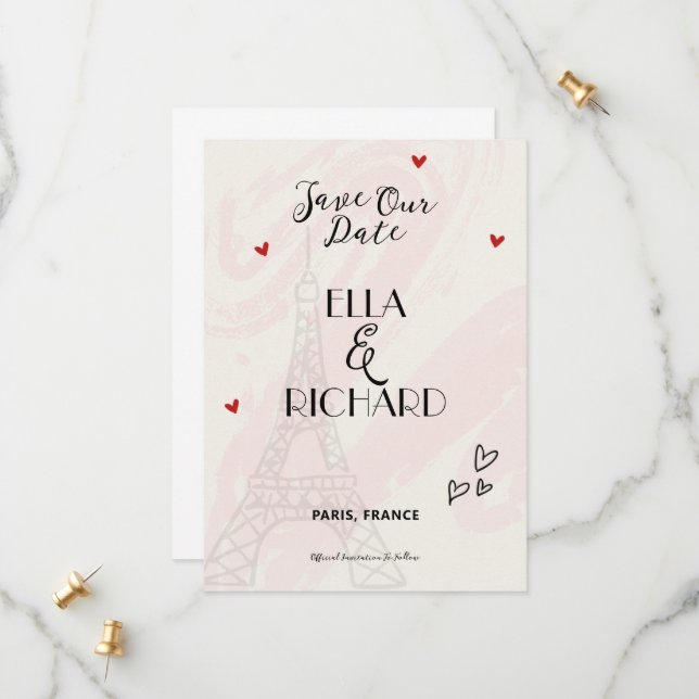 Whimsical Romantic Paris Save the Date Invitation (Front/Back In Situ)