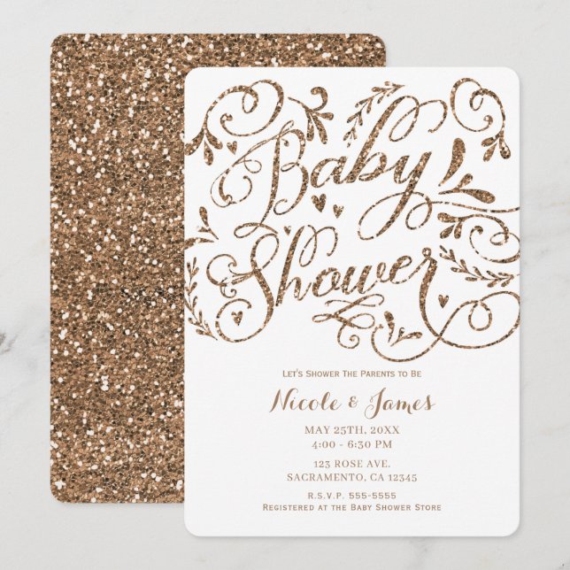 Whimsical Rose Gold Glitter Lettering Baby Shower Invitation (Front/Back)