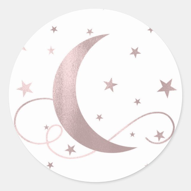 Whimsical Rose Gold Pink Moon Stars Baby Shower Classic Round Sticker (Front)