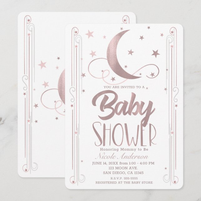 Whimsical Rose Gold Pink Moon Stars Baby Shower Invitation (Front/Back)