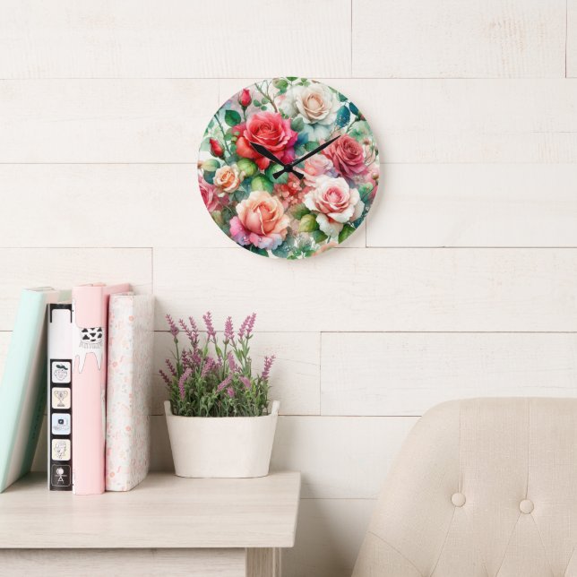 Whimsical Rose Pattern Large Clock (Reading Room)