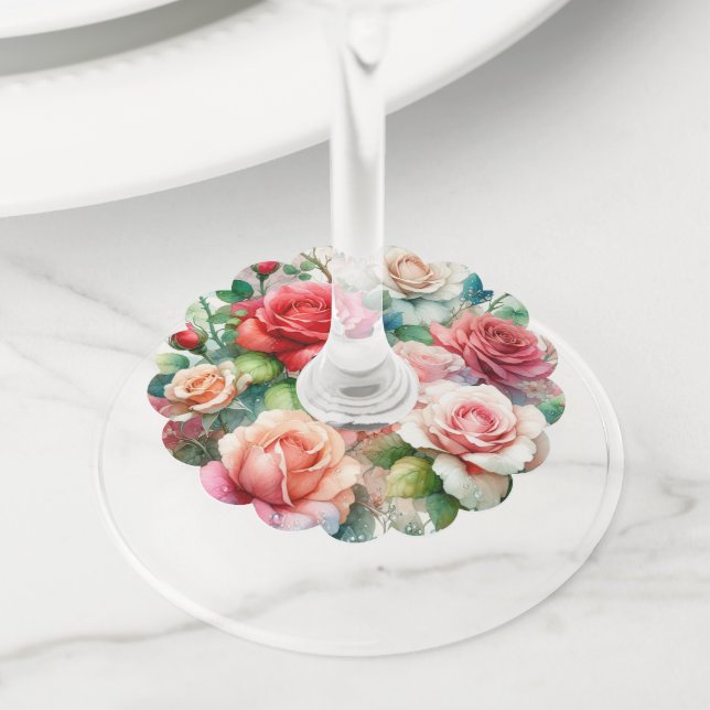 Whimsical Rose Pattern Wine Glass Tag (Close Up)