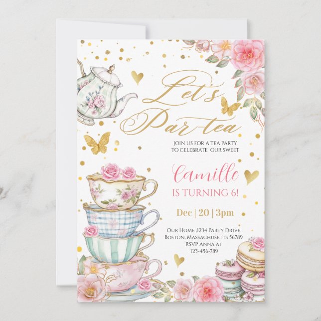 Whimsical rose Pink Floral Tea Party Birthday  Invitation (Front)