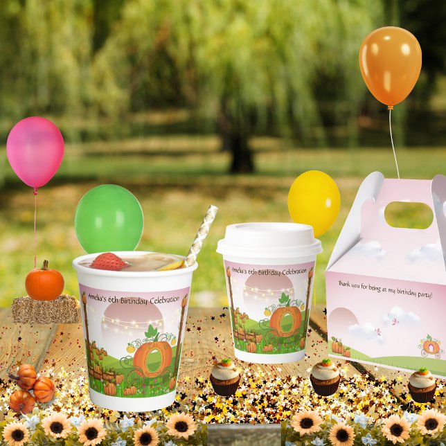 Whimsical Rose Pink Sky Pumpkin Carriage Birthday Paper Cups (Autumn sky pumpkin patch with whimsical carriage and personalized birthday or event celebration cups)