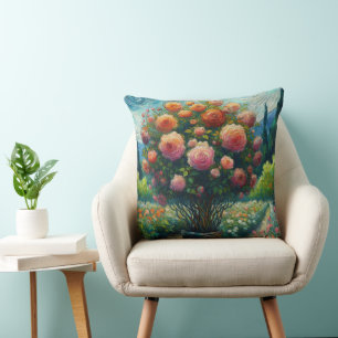 Whimsical Rose Topiary Impressionistic Painting Cushion