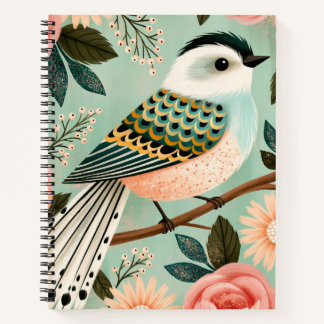 Whimsical Roses Flowers Vintage Folk Bird  Notebook