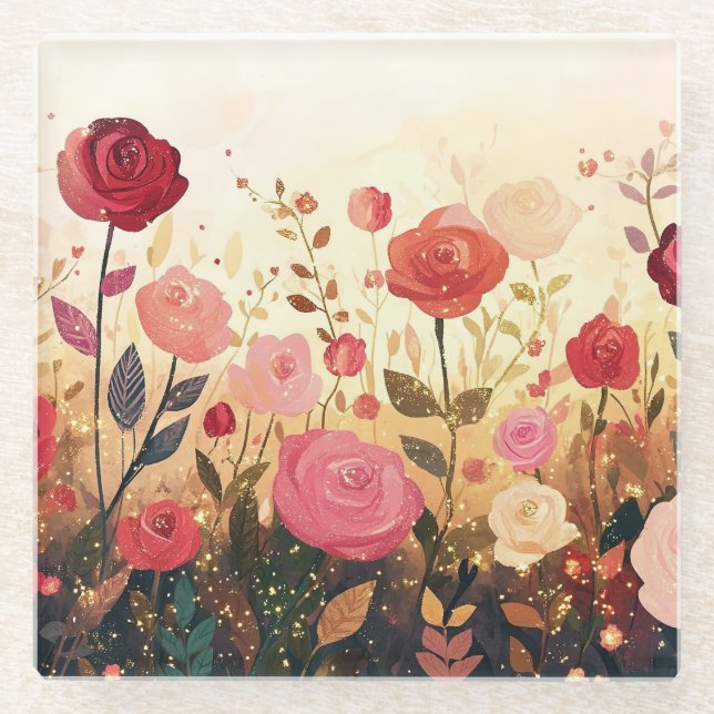 Whimsical roses garden  glass coaster (Front)