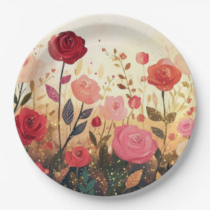 Whimsical roses garden paper plate
