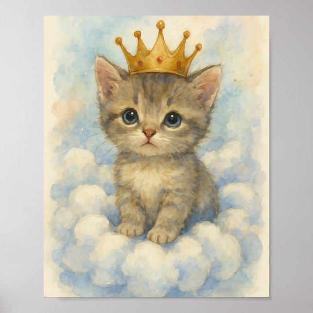 Whimsical Royal Kitten Wearing Crown on Cloud  Poster (Front)