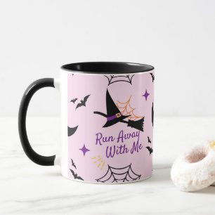 Whimsical "Run Away With Me" Halloween Witch & Bat Mug