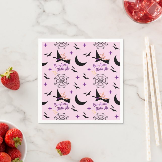 Whimsical "Run Away With Me" Halloween Witch & Bat Napkin (Insitu)