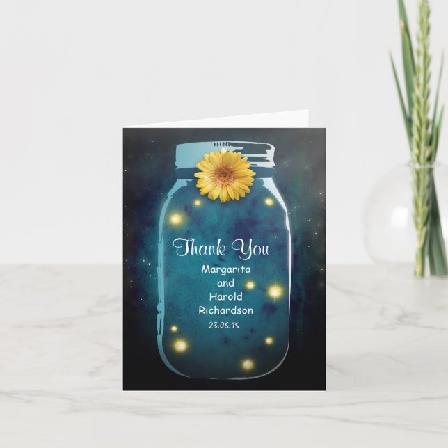 Whimsical Rustic Blue Mason Jar Thank You Card (Front)
