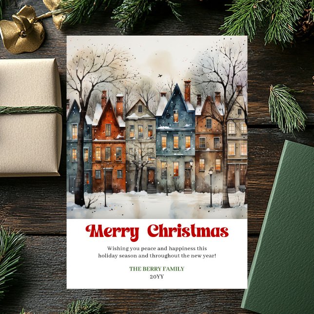 Whimsical rustic Christmas scene bright city art  Holiday Card (Whimsical rustic Christmas scene bright city artwork)