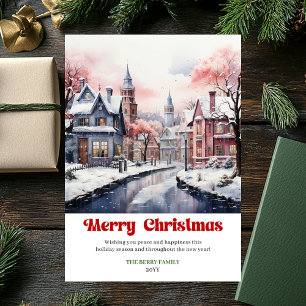 Whimsical rustic Christmas scene bright city art  Holiday Card