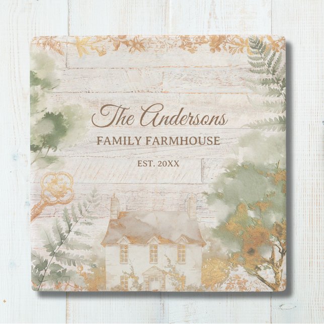 Whimsical Rustic Country House Family Name Stone Coaster (In situ)