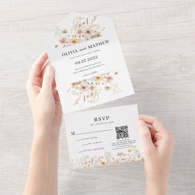 Whimsical Rustic Meadow Wildflower QR Code Wedding All In One Invitation (Tearaway)